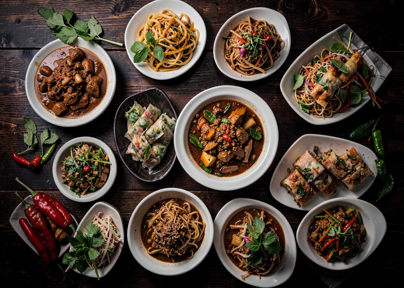 Uppdukat bord med thailändska rätter för catering