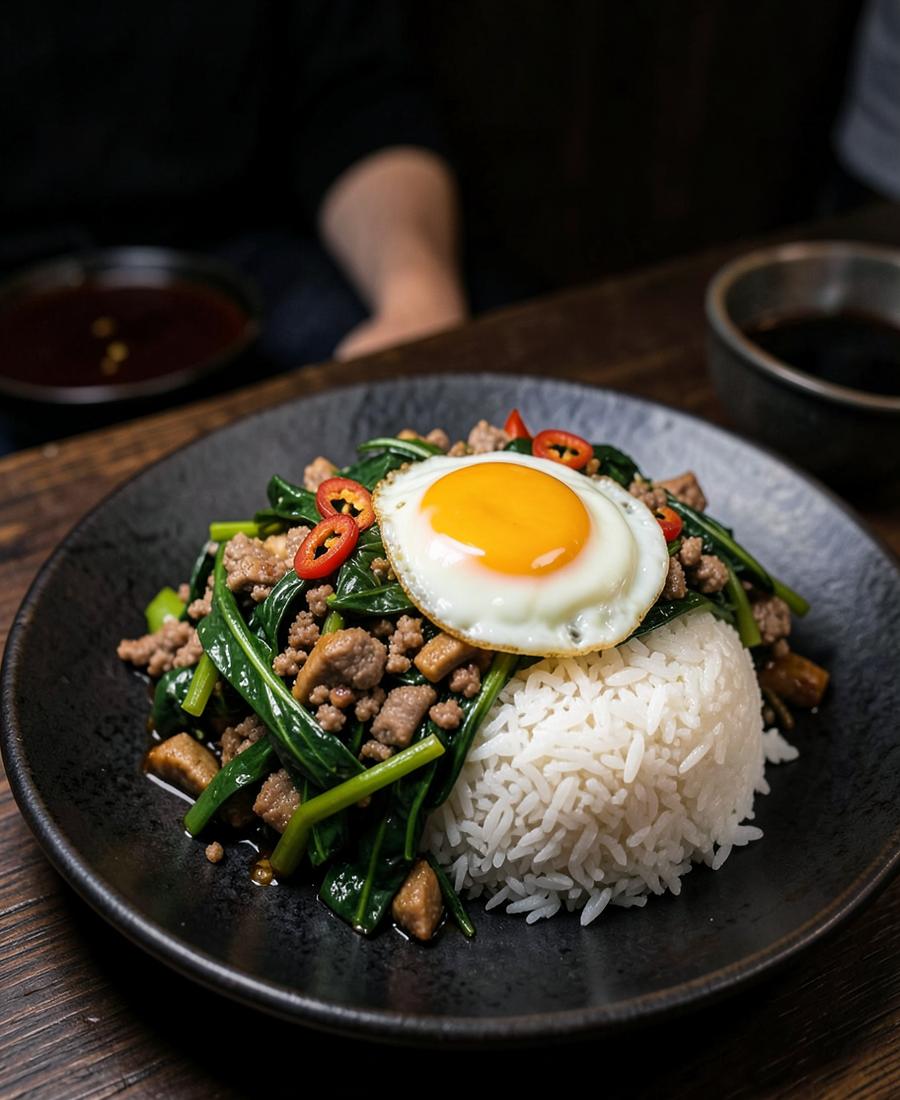Pad Krapow med thaibasilika och stekt ägg