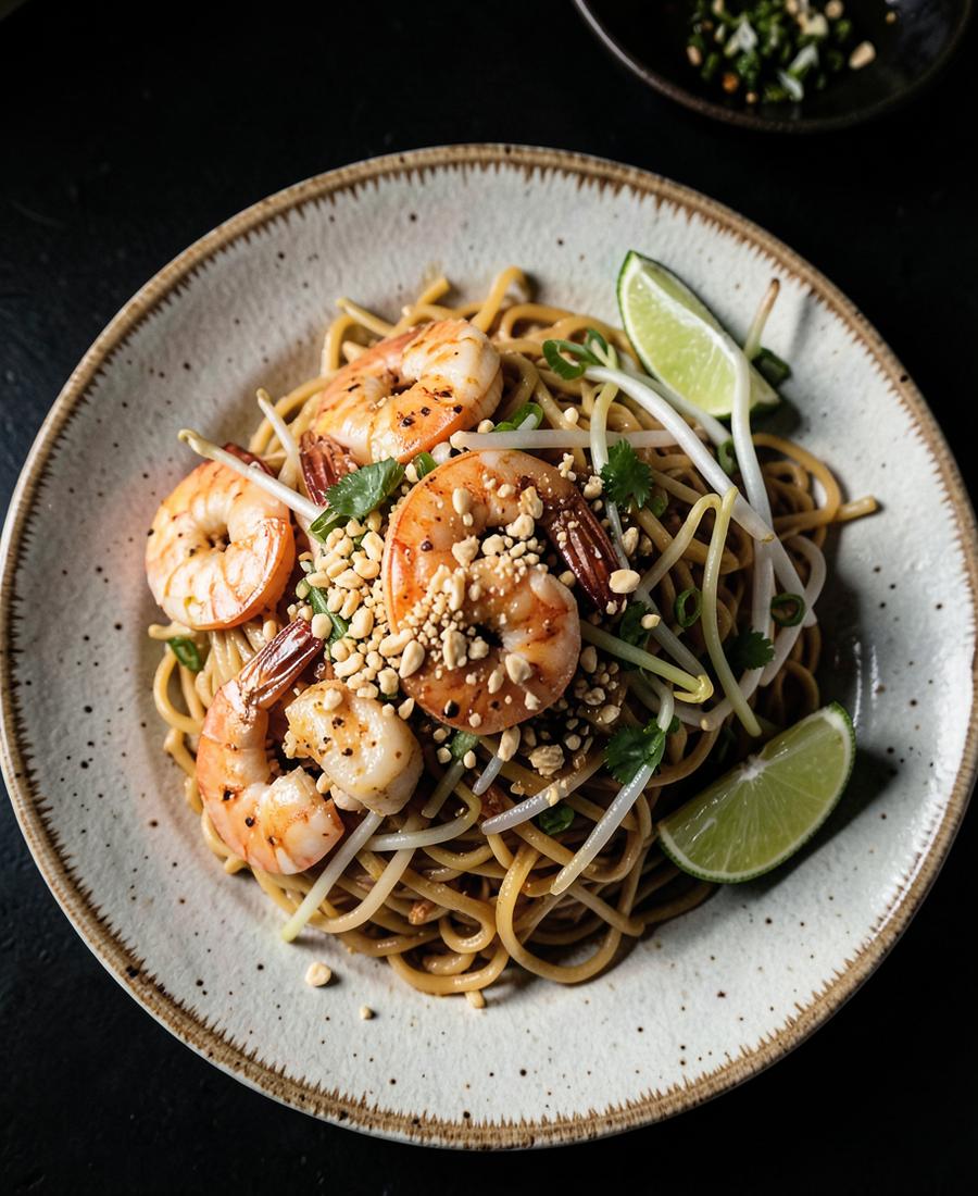 Pad Thai med räkor, böngroddar och lime